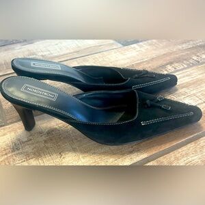 Nordstrom Black Suede Mule Pumps with Contrast Stitching and Tassels